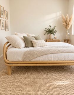 Vintage Mid-Century Natural Boho Queen Bed Frame - Sturdy