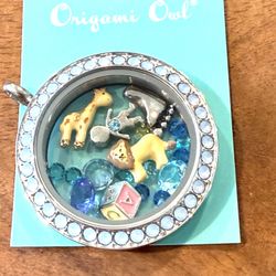 Baby Boy NEW Origami Owl Silver Living Locket Floating Necklace Mothers Day Gift Blue Rhinestone  Only 1 available  18 floating charms  Locket opens &