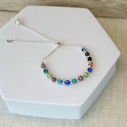 925 Sterling Silver Evil eye enamel beads Adjustable bracelet