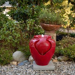 Indoor/Outdoor Tabletop Cherry Water Vintage Bright Vase Garden Fountain, 17", Red