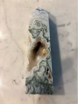 Natural Stone Large Moss Agate Crystal Tower Druzy Caverns 7 inches tall