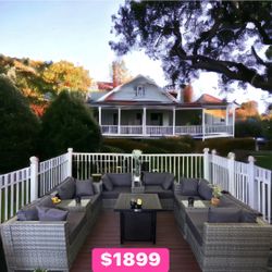 Outdoor Wicker Sectional Sofa Set with Fire Pit Table