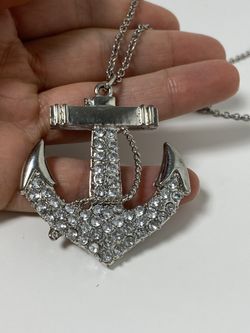 Silvertone | Acrylic Faux Rhinestone | Ship's  Anchor | Pendant | Necklace