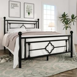 Queen Size Heavy Metal Bed with Vintage Headboard Pattern, Black