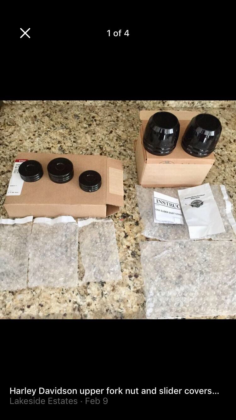 Harley Davidson upper fork nut and slider covers brand new HD PARTS . See all pics for fitments.  Also have a box of misc chrome bolts , brackets , ai