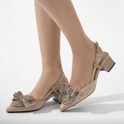 Women's Rhinestone Bow Decor Solid Pointed Toe Slingback Thick Heel Pumps, Elegant & Comfortable High Heels For Wedding, Party, Banquet, Formal Occasi
