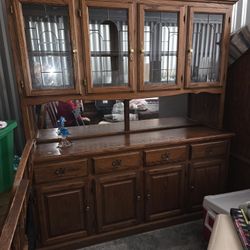Vintage Oak China Cabinet Hutch and Buffet Mirrored Back 