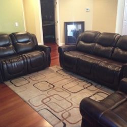  Brown Leather Fully Reclining Three Piece Couch Set 