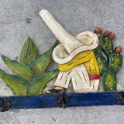 Hat coat rack Pancho campesino sleeping Mexican cactus Hand carved painted Wood