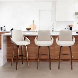 25.6" Counter Height Barstools Set of 3 Mid Century Modern Retro Bar Chairs Charcoal Beige Linen Look Fabric Upholstered and Walnut Wood Frame for Hom