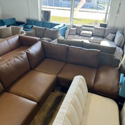 Harmony Tan Leather Sectional Sofa Right Facing Chaise