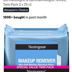 Neutrogena Makeup Remover Wipes
Micellar Alcohol-Free Face Towelettes
Remove Waterproof Mascara & 0il,
Compostable 100% Plant-Based Cloth,
Dermatologi