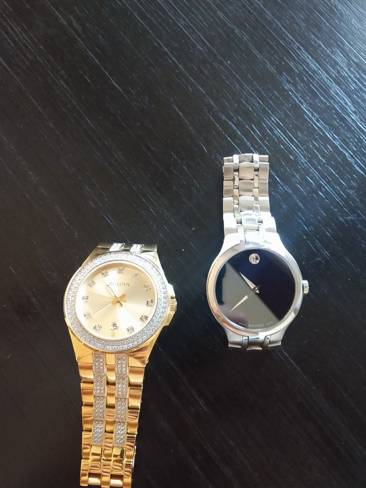 Man's gold Bulova watch and man's Movado watch