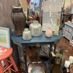 Elegant “Lake Norman Blue” Half-Moon Entry Table with Gold & Copper Accents – Coastal Classy Shabby
