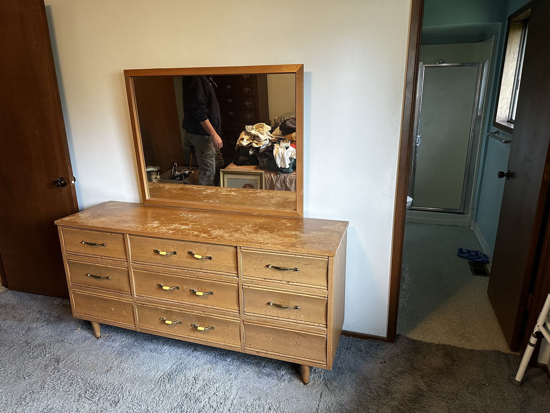 Wooden Dresser w/Large Mirror Attached.