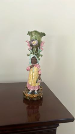 Majolica Antique Planter France Circa 1880 Vase Blackamoor Child Girl 11” Tall
