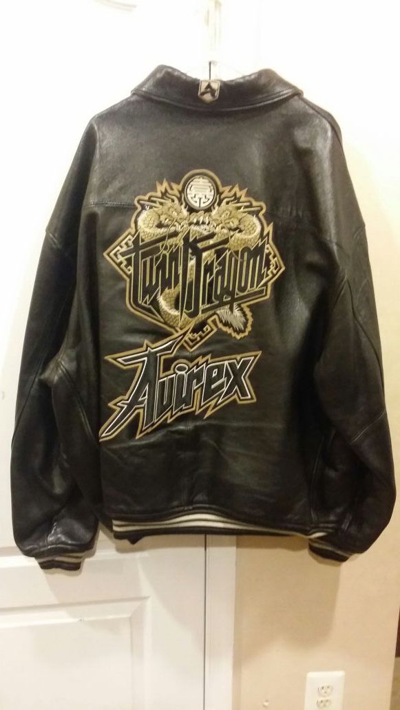 AVIREX Twin Dragon Bomber Leather Jacket Black Embroidered~ EXCELLENT ...