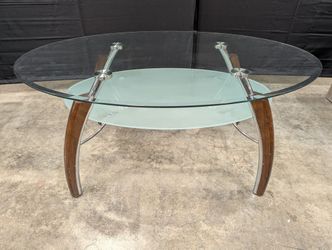 Contemporary Two-Tiered Glass Top Coffee Table with Wood and Chrome Accents