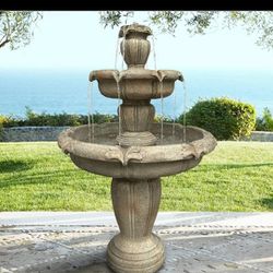 48” H Outdoor Floor Water Fountain, 3-Tiers Concrete Water Fountain with Submersible Electric Pump - Garden Cascading Waterfall for Yard Patio Lawn Ho