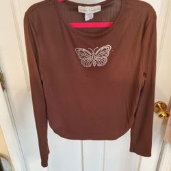Brown Long Sleeve Top With Butterfly Size XL