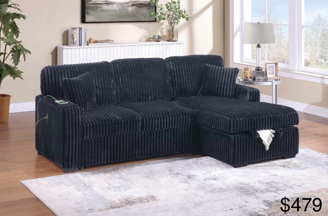 Black Corduroy Sectional Sleeper With Storage