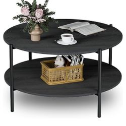 Round Coffee Table, 31" Modern Double-Layered Circular Tables, Small Coffee Table with Open Storage Shelf, Round Wood Center Table, for Living Room, B