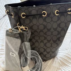 Monogram Drawstring Bucket Bag Brown Crossbody Purse With Wallet Set