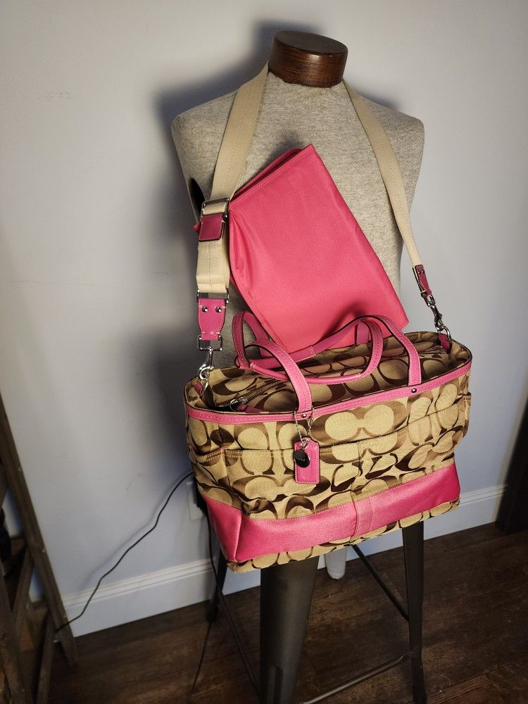 NEW OLD STOCK Coach Signature Stripe Pink Large Baby Diaper Travel Bag w/Pad