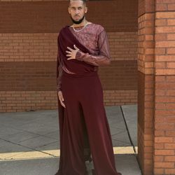 Title: Burgundy Avant-Garde Two-Piece Set – Flowy Pants & Draped Top