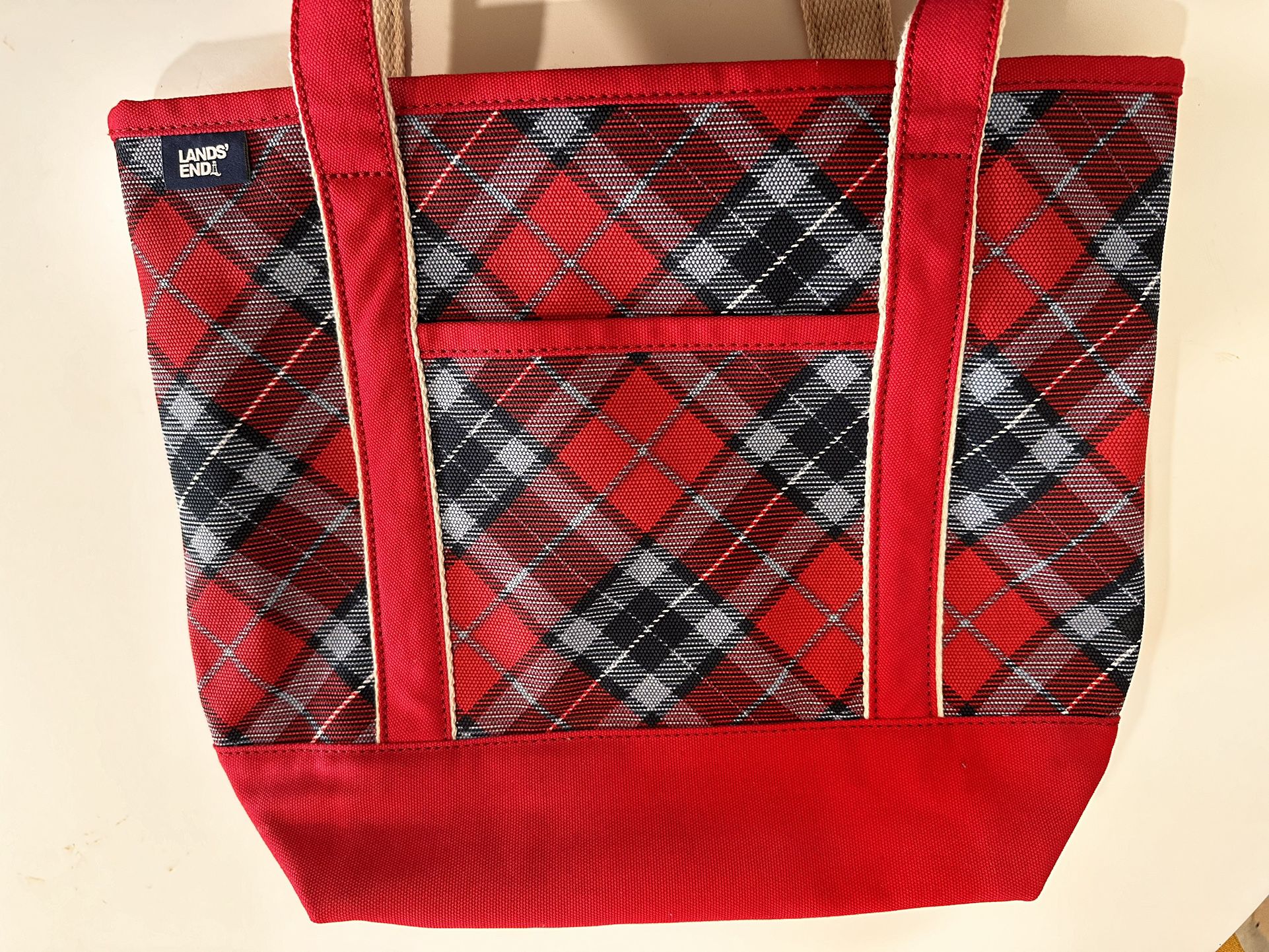 Lands End Brand -Large Red And blue Plaid Tote Bag, Sturdy Fabric, New, Mothers Day Present 