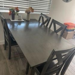 Dark Gray Wood Table W/ bench And 4 Chairs 