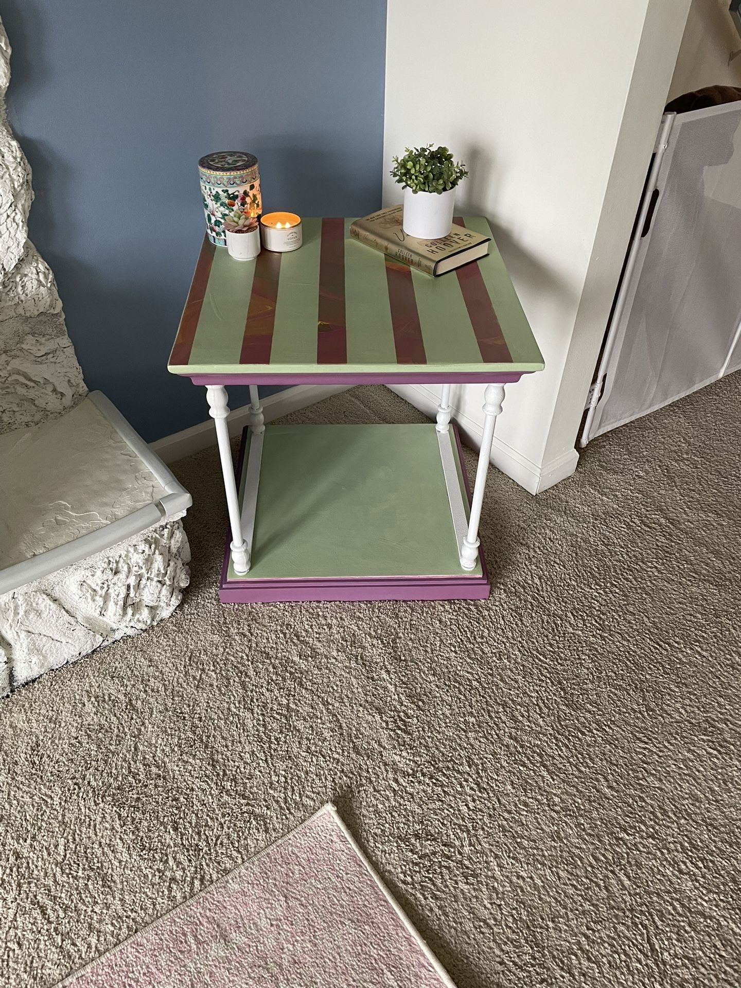 Hand Painted Bloomsbury Style Side Table- Solid Wood with two tiers and Metal legs