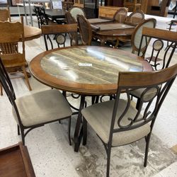 Round Faux Marble Top Dining Table w/4 Chairs