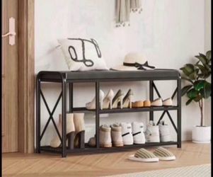 Entryway Bench,3 Tier Shoe Bench with Padded Seat & Metal Frame,35.4”Shoe Storage Bench Shoe Organiz