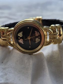 Wmns Black Hills Gold Bracelet Cuff Watch 12K Gold Leaves on Face Sz 5-8.5