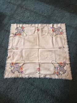 SMALL hand embroidery tablecloth 30x 32 in see description