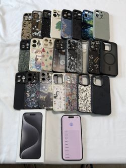 iPhone 15 Pro Unlocked 128GB Black Titanium with 23 cases and original box