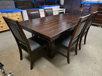Modern Espresso / Leather Dining Room Table Set with 6 Chairs
