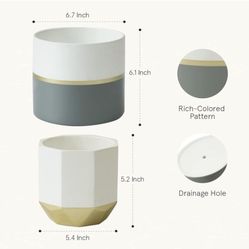 2 pack Ceramic Flower Pot Garden Planters 6.7 Inch Indoor Plant Containers with Gold and Gray