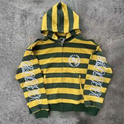 💛 Y2K French Striped Rhinestone Crop Hoodie – Green & Yellow 💛