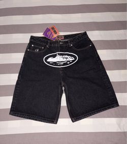 Corteiz Alcatraz Baggy Denim Shorts In Washed Black