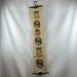 Vintage Floral Needlepoint Bell Pull Wall Hanging Brass Hardware Wool 38” Floral