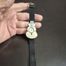 Woman's Snowman Watch Christmas Holiday Watch - Black Band With New Battery Just Put In 