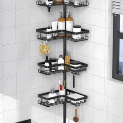 KEGII Corner Shower Caddy Tension Pole - Shower Tension Rod Organizer, Floor to Ceiling Shower Caddy 25-114.2 inch, Towel Rack Corner Waterproof, Blac