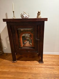 Mexican-Style Folk Art Cabinet – Painted Archway Village Scene