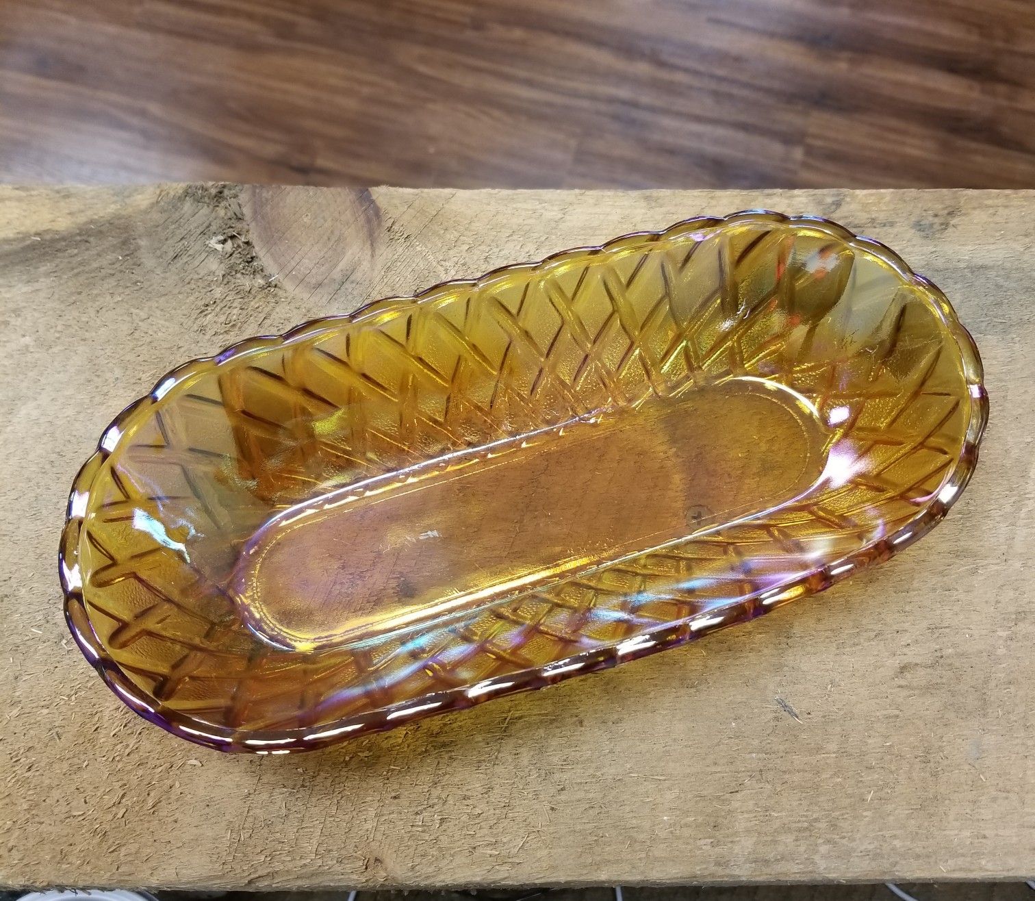 Vintage Indiana Glass Pretzel Amber Carnival Glass Oval Dish