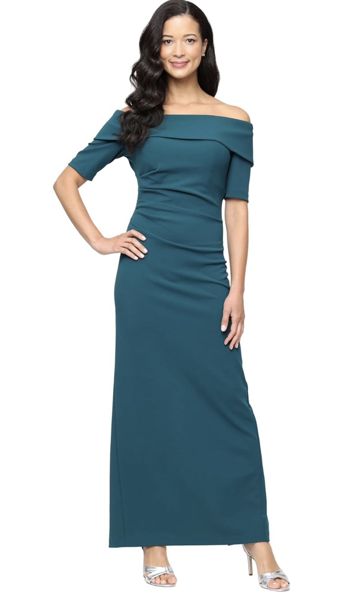 Alex Evenings Women's Long Off The Shoulder Dress  Color: Deep Teal Crepe Size: 10  Fabric type 96% Polyester, 4% Spandex Care instructions Hand Wash 