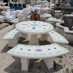 Concrete Mosaic Picnic Table with 3 Benches/ Outdoor Patio Furniture