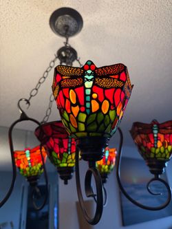Tiffany-Style Stained Glass Dragonfly 5-Light Chandelier Hanging Lamp