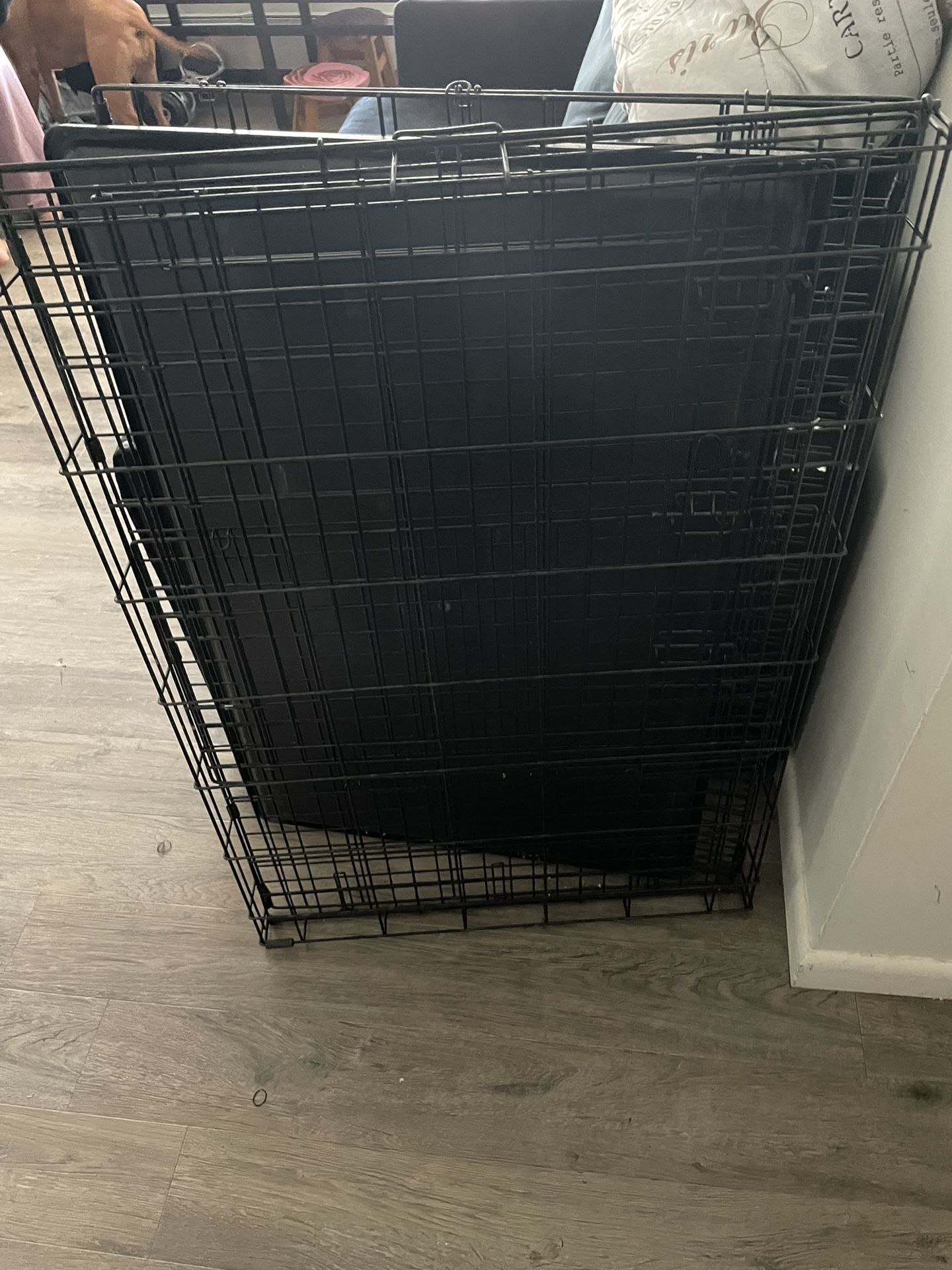 A Very Big Dog Cage With Locks On It And Tray